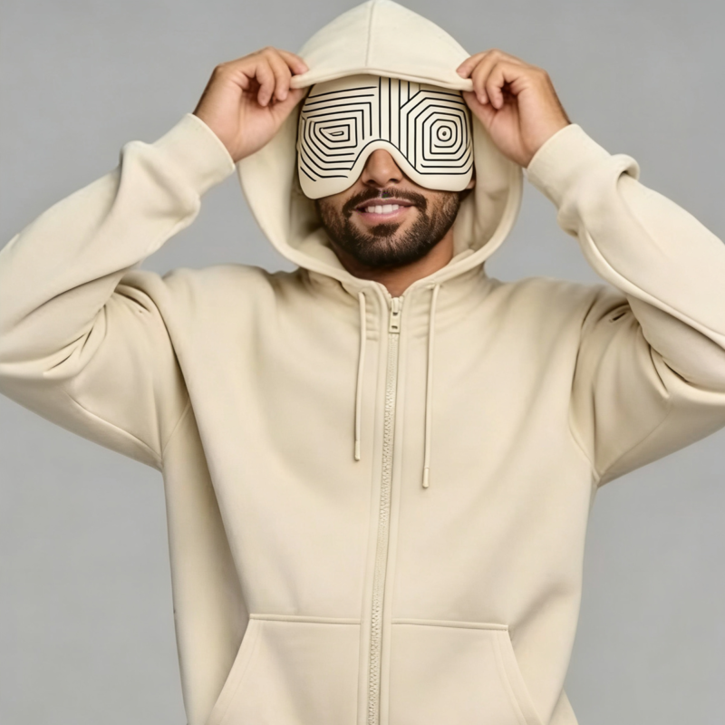 Beige Zip-up Hoodie & Sweatpants Couple Set with Eye Mask