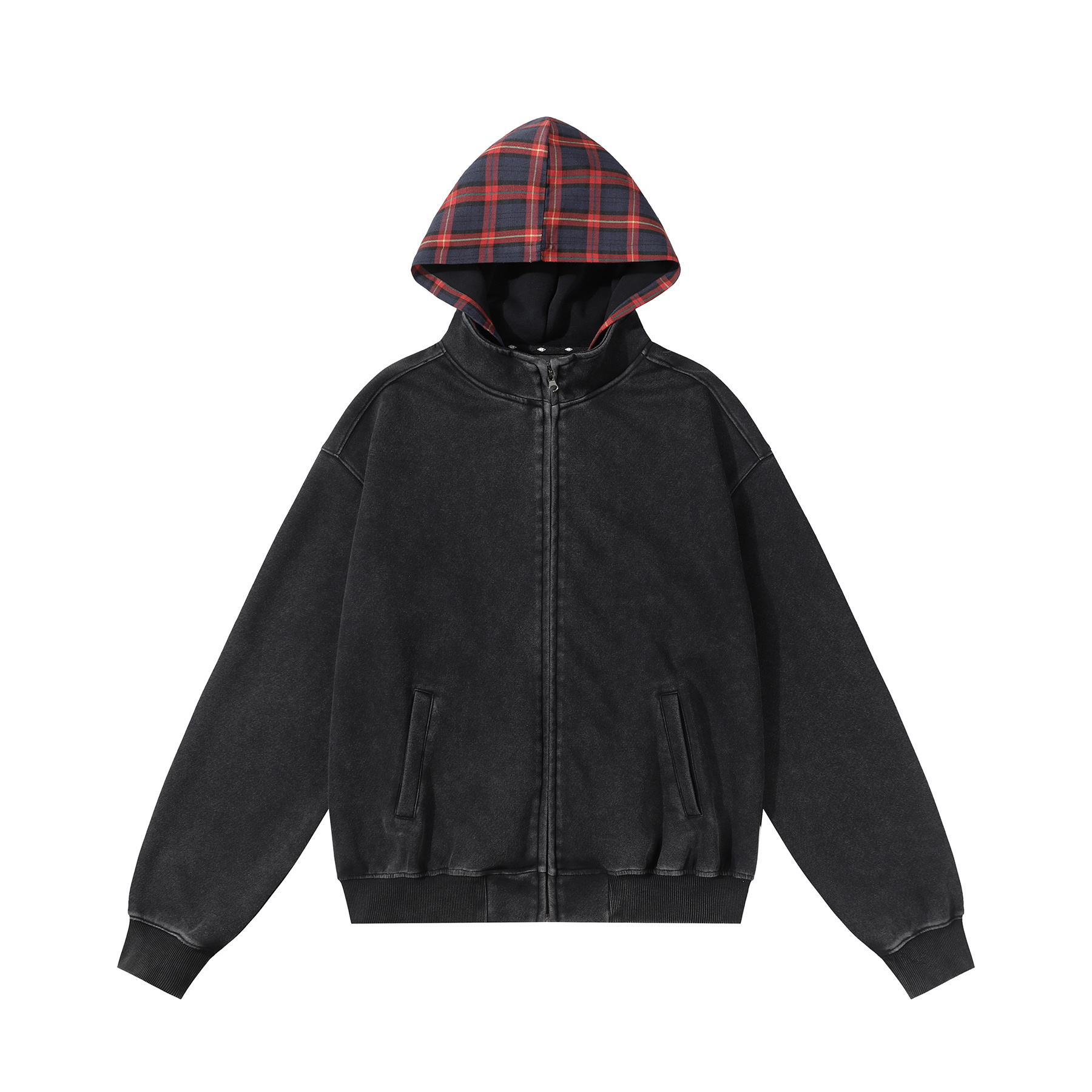 Black custom zip-up hoodie with red plaid hood, heavyweight cotton, OEM/ODM custom apparel for brands