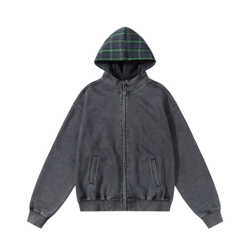 Custom embroidered zip-up hoodie, dark gray heavyweight cotton, OEM/ODM custom apparel for brands