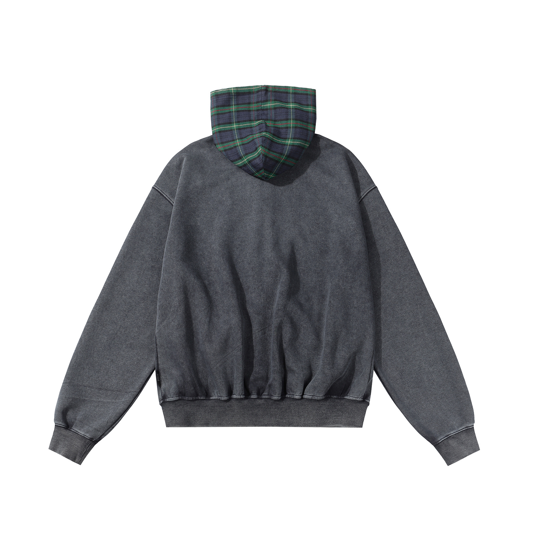 Dark gray custom pullover sweatshirt with green plaid high neck, heavyweight cotton, OEM/ODM custom apparel for brands