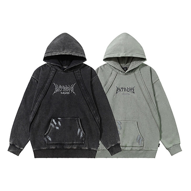 Men's heavyweight embroidered patchwork fleece hoodie in black & green-gray, vintage streetwear