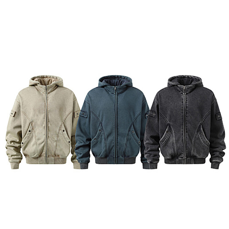 Men's heavyweight double-zip hooded fleece zip-up jacket in khaki, black, and dark blue, winter new arrival
