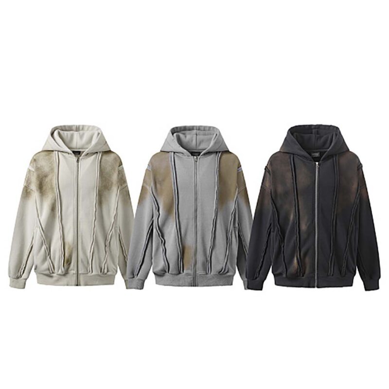 Unisex couple zip hoodie, vintage patchwork, gray/black/apricot