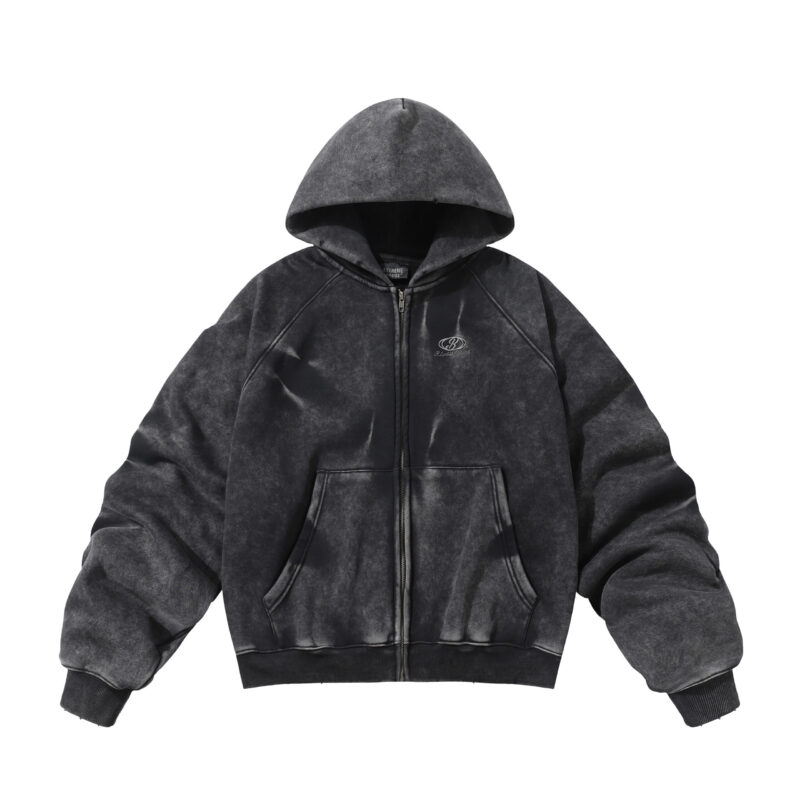 Embroidered zip-up hoodie white background, custom logo acid wash hoodie, oversized streetwear hoodie for men, premium cotton embroidered sweatshirt, OEM custom hoodie