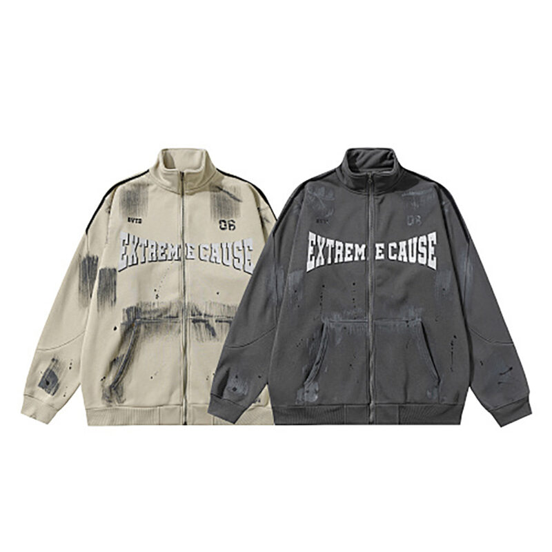 American retro lazy style graffiti print fleece zip-up hand-painted stand collar jacket for men