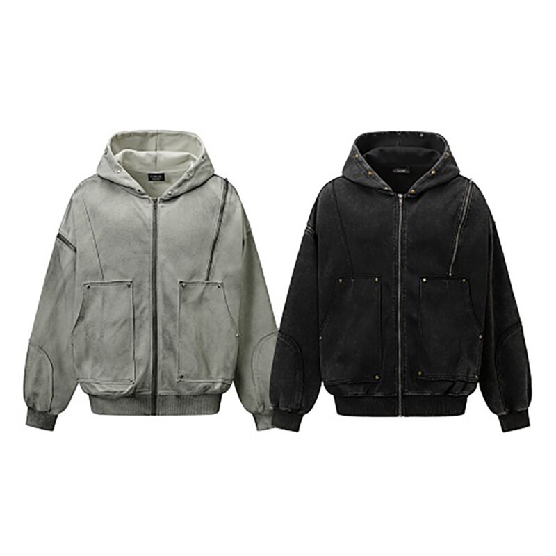 Two color options (gray and black) of high street heavyweight spray-painted distressed zip-up hoodie for men, American retro loose fit