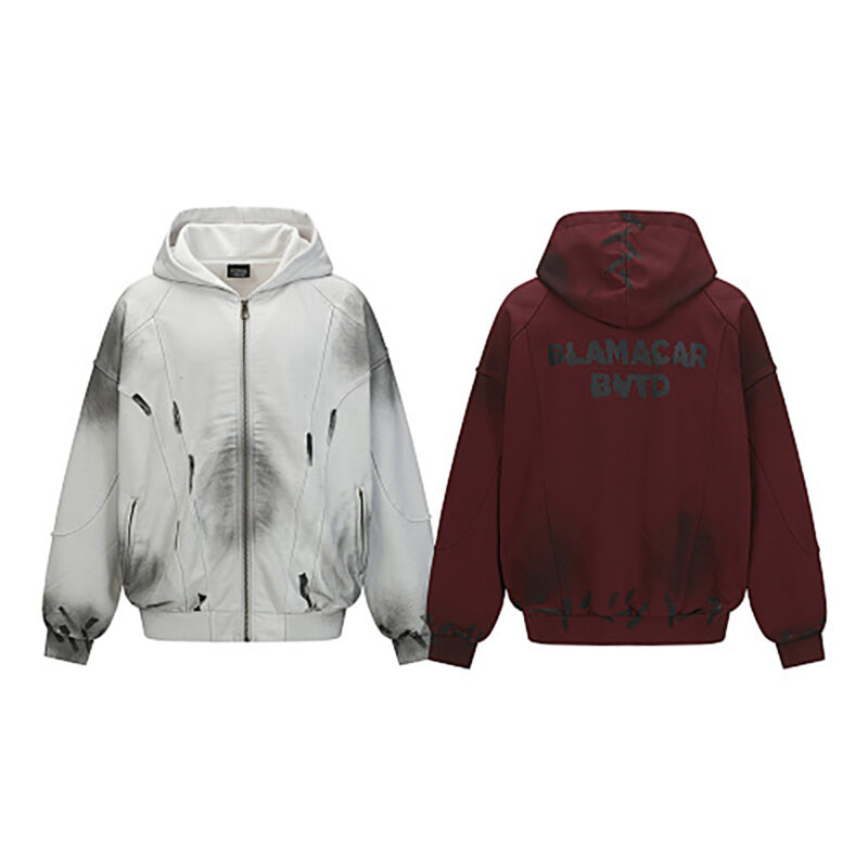 Two-tone (red and off-white) American retro washed distressed hooded zip-up sweatshirt with hand-painted letter graffiti, loose fit
