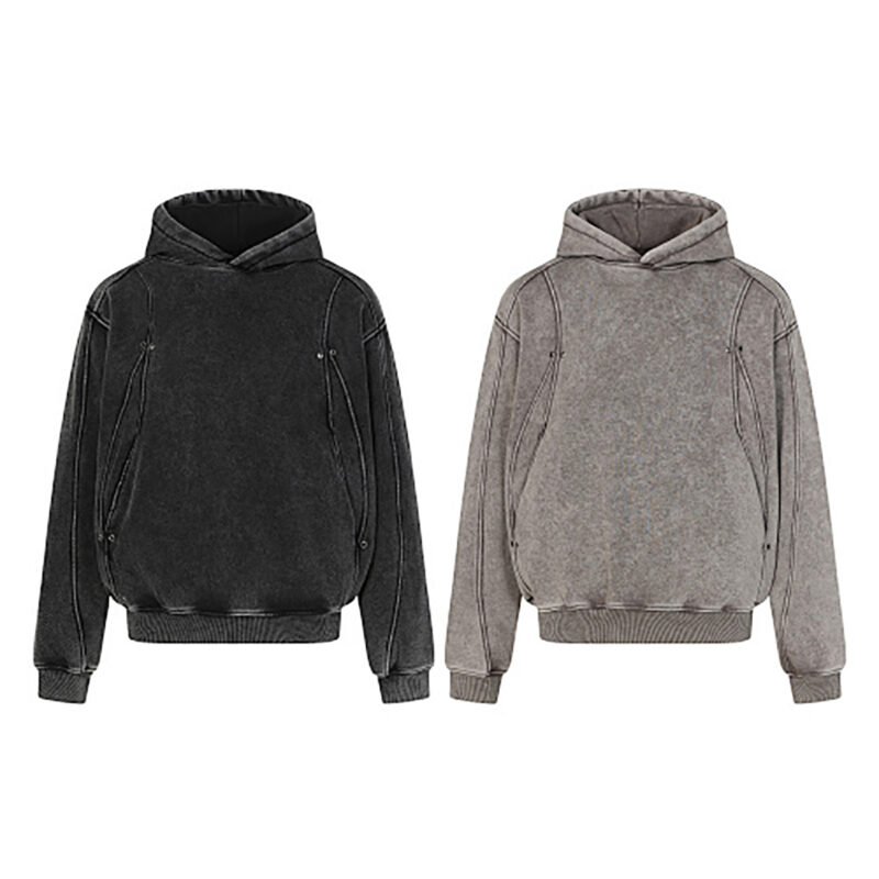 Men's American heavyweight vintage deconstructed patchwork fleece-lined hoodie in coffee and black, streetwear loose washed hoodie