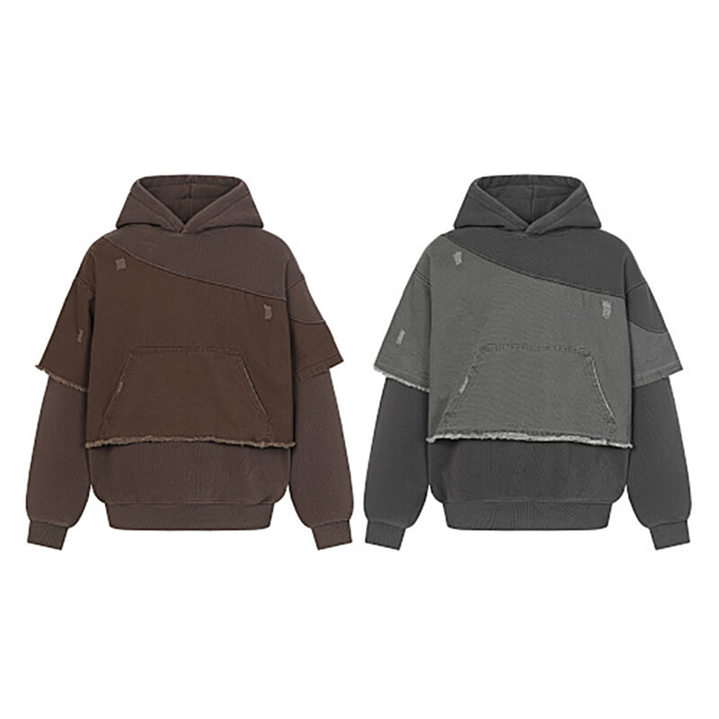 Men's American retro patchwork color-block hooded sweatshirt with ripped frayed edges, fleece-lined thick hoodie in gray and coffee