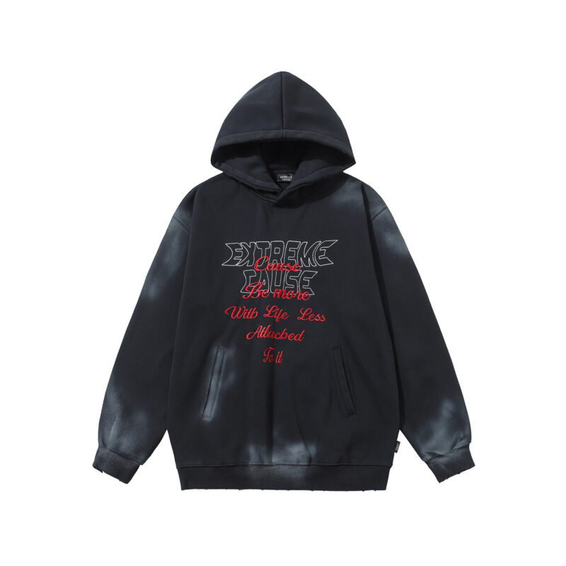 Front view of black acid wash tie-dye zip-up hoodie with red embroidery