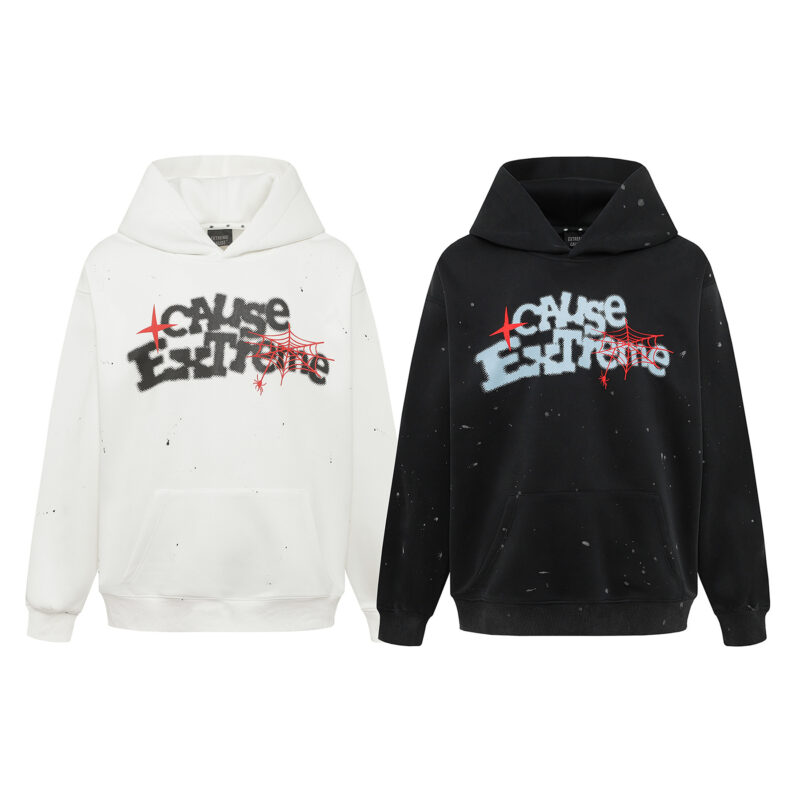 Black and white oversized hoodies with "CAUSE EXTREME" spider web puff print, splatter details, streetwear hoodie color options