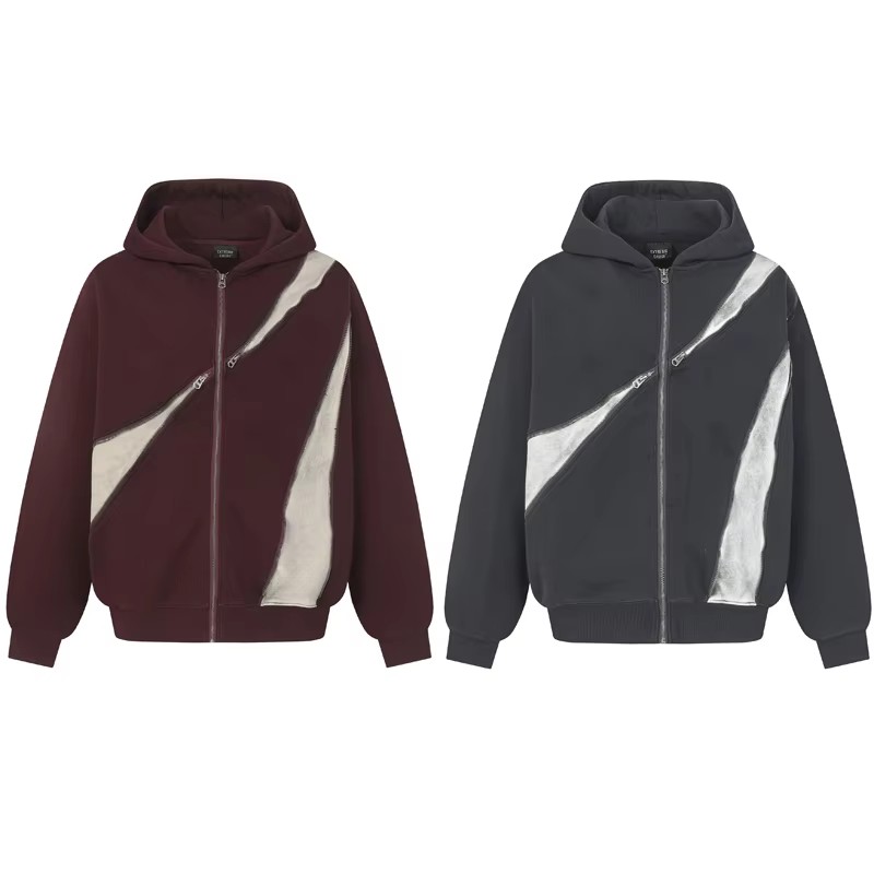 Custom Color Block Diagonal Stripe Zip-Up Hoodie, Multiple Color Options Oversized Streetwear Hoodie