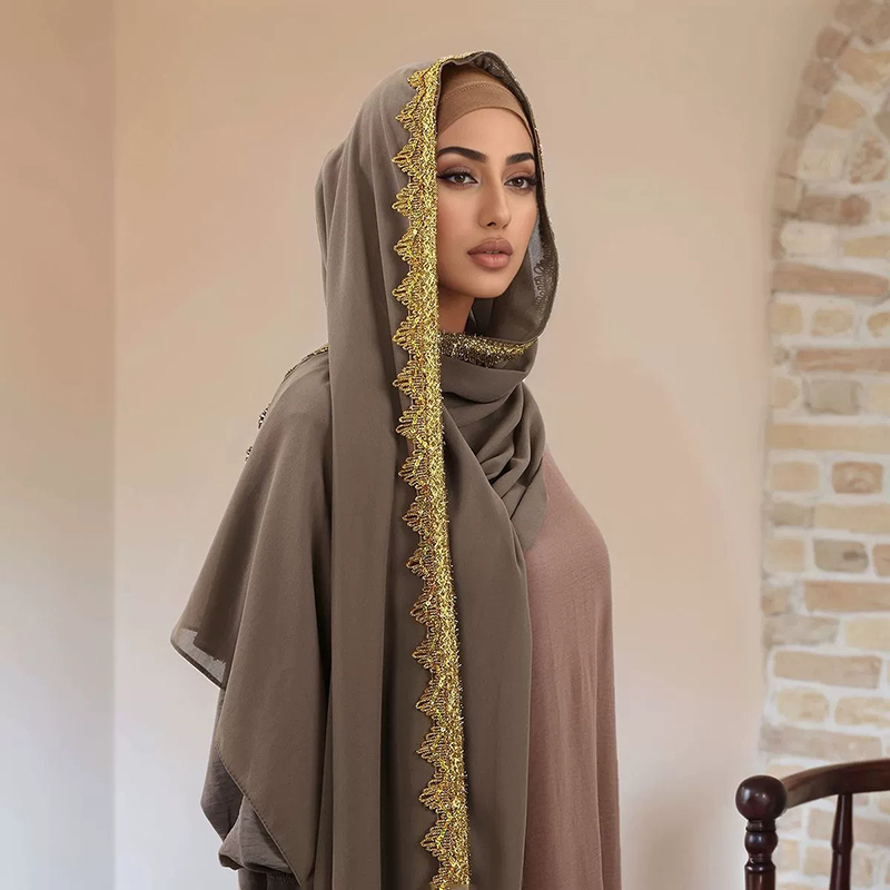 Khaki Gold Crown Chiffon Hijab
