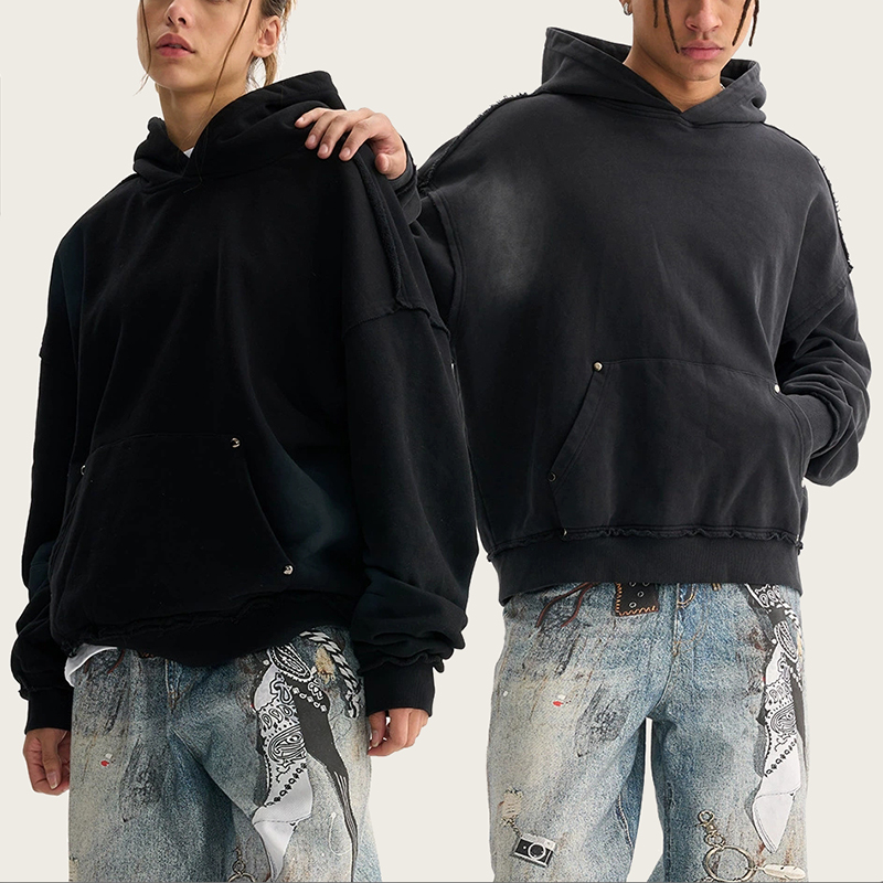 Black Vintage Cropped Heavyweight Spliced Hoodie