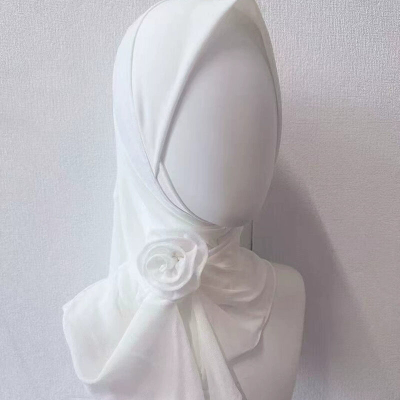 White Chiffon Rose Elastic Breathable Women Hijab Cap