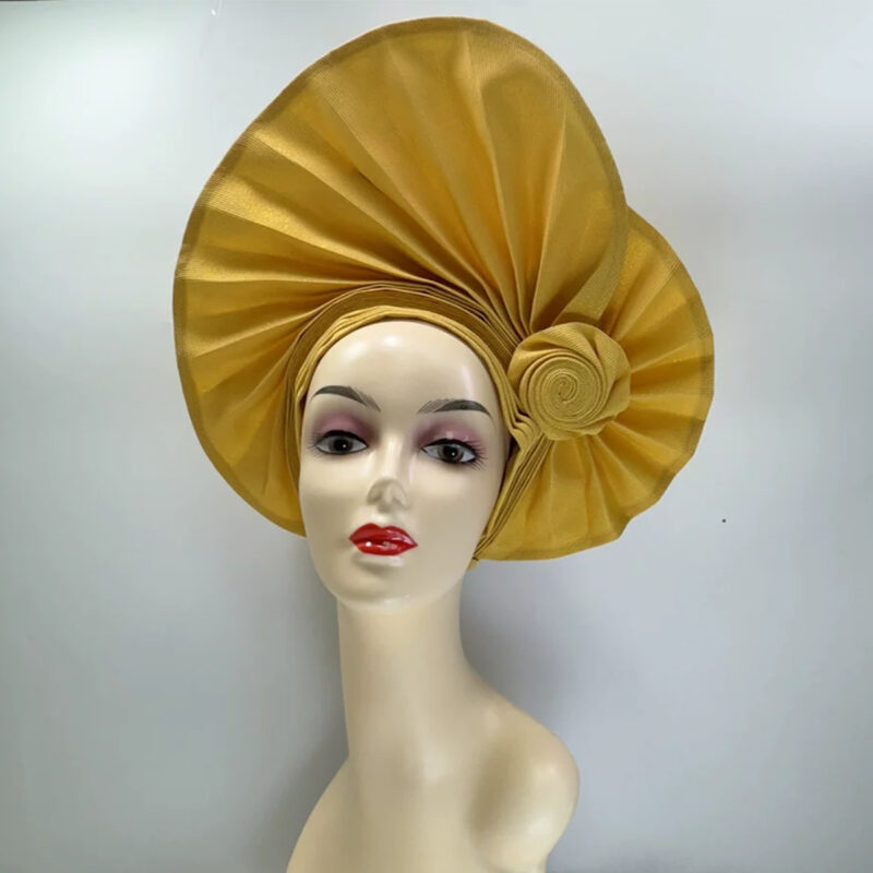 Gold Bazin Pleated Ethnic Hat