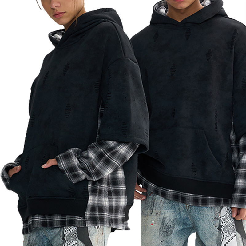 Black Fake Two-Piece Plaid Spliced Hoodie