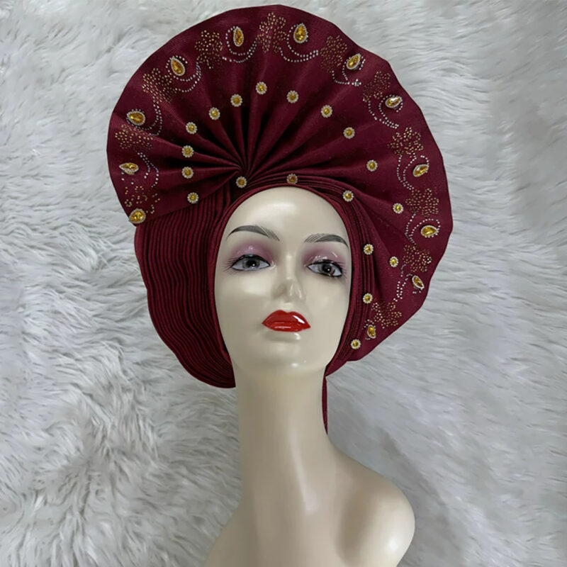Burgundy Bazin Rhinestone Bead Ethnic Turban
