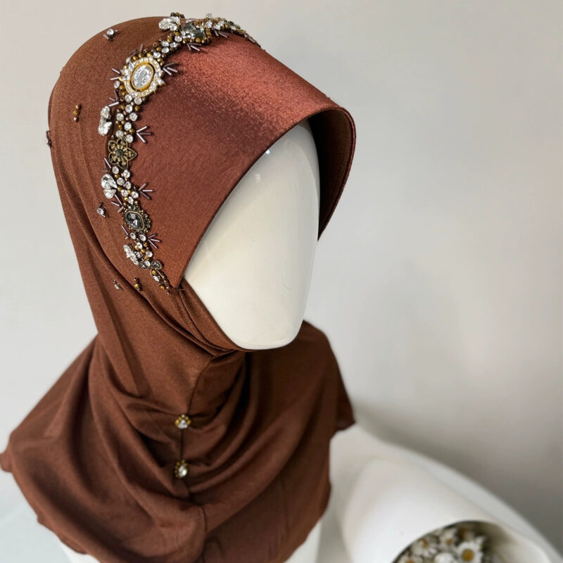 Handmade Brick Red Hard Brim Instant Hijab with Rhinestone Beading