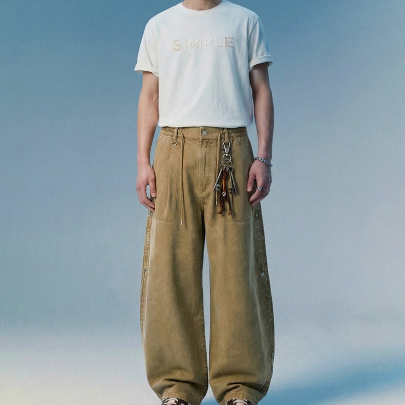 Khaki Washed Wide Leg Casual Pants on Male Model