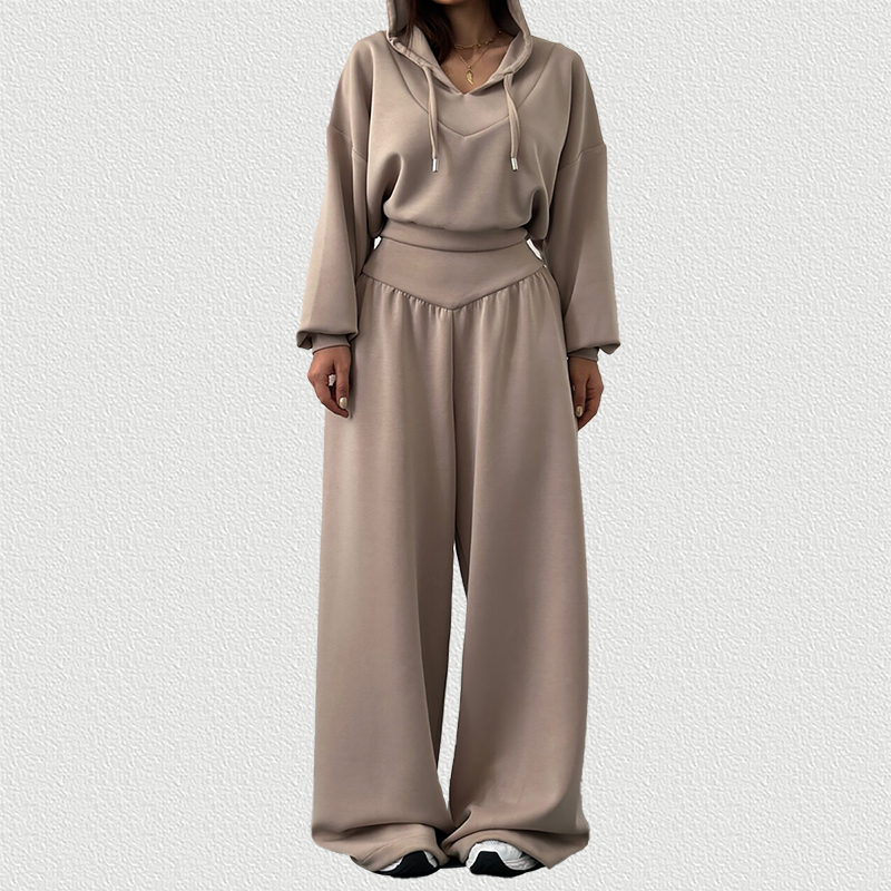 Apricot Women V-neck Hooded Sweatshirt & Pants Set