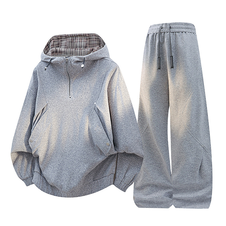 Light Gray Loose Couple Tracksuit 2 Piece Set
