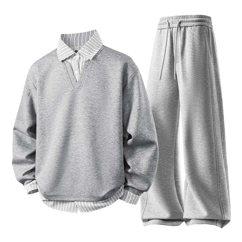 Light Grey Fake Two-Piece Collared Tracksuit Set