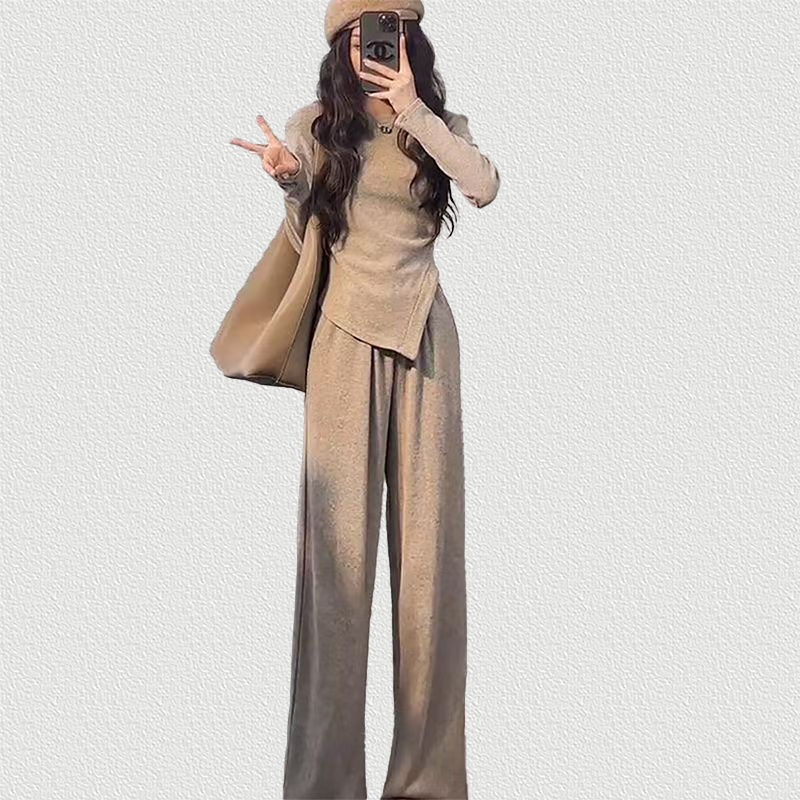 Irregular Top & Wide Leg Pants Set, Petite Casual Tracksuit