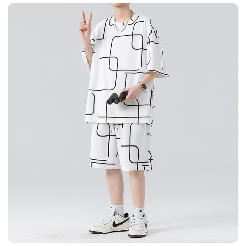 White Ice Silk Printed Sports 2 Piece Set For Men