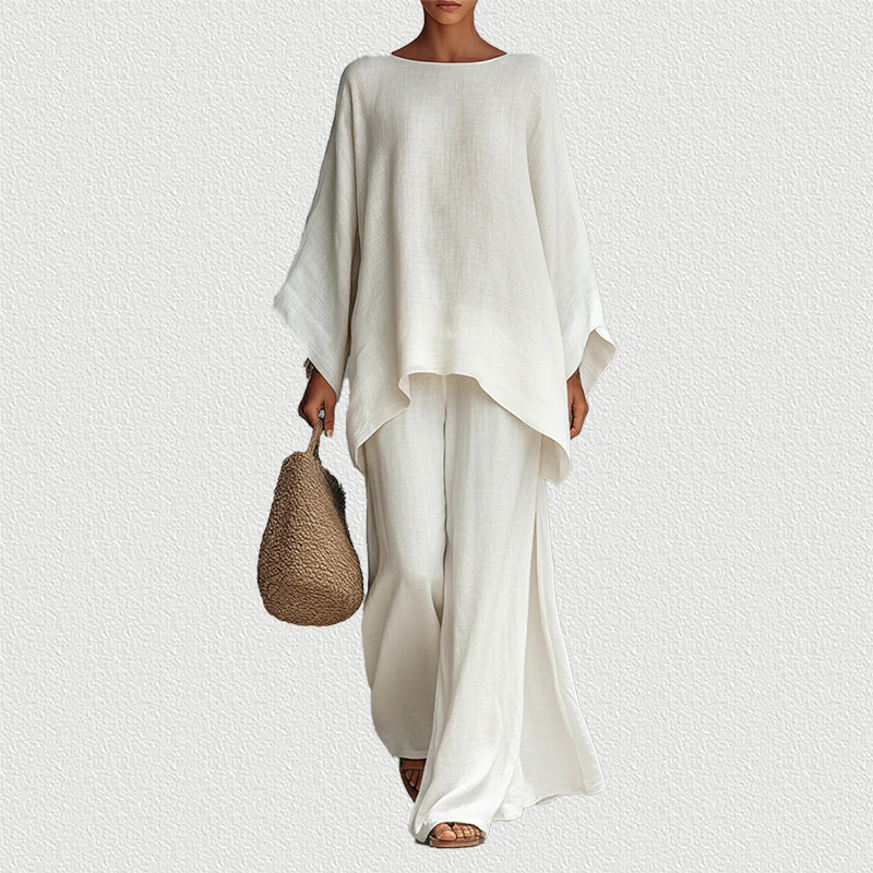 White Linen Blend Shirt & Wide Leg Pants Set