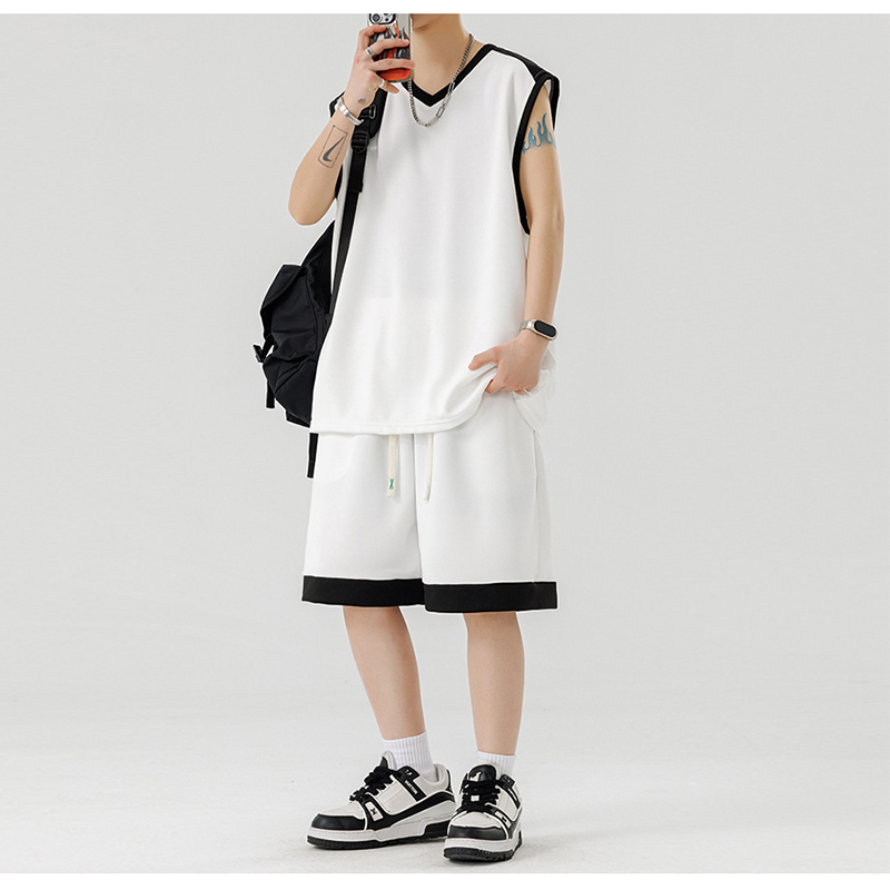 White Men Ice Silk Tank Top Shorts Set For Teens
