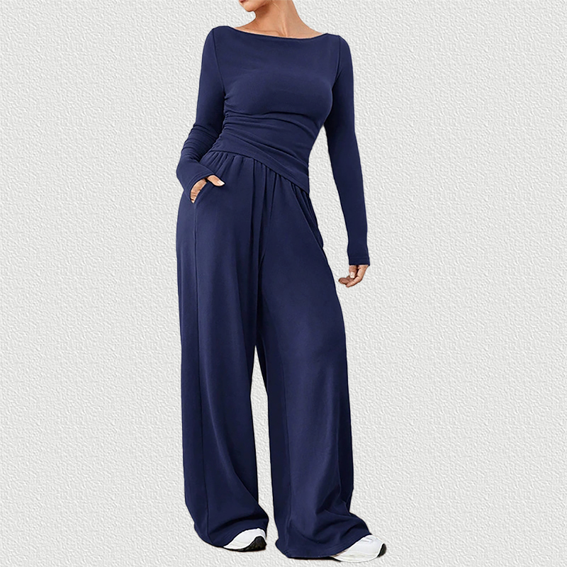 Navy Blue Women Loose Wide Leg Pants 2-Piece Set