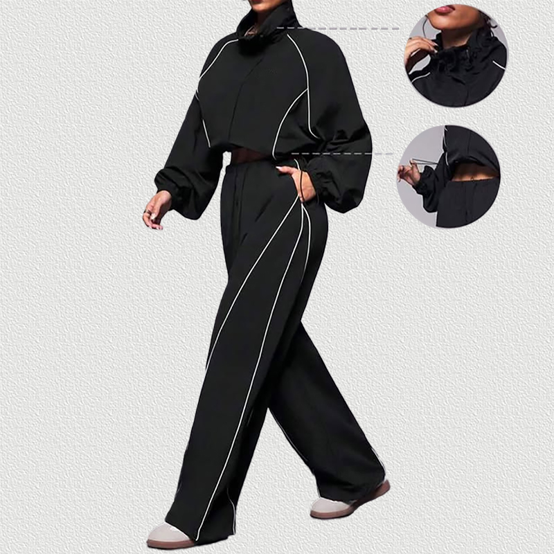 Black Color Block Drawstring Tracksuit Set