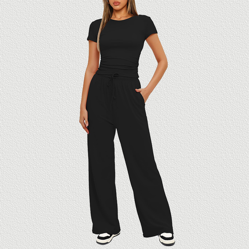 Black Pleated Short Sleeve Wide Leg Pants 2 Piece Set