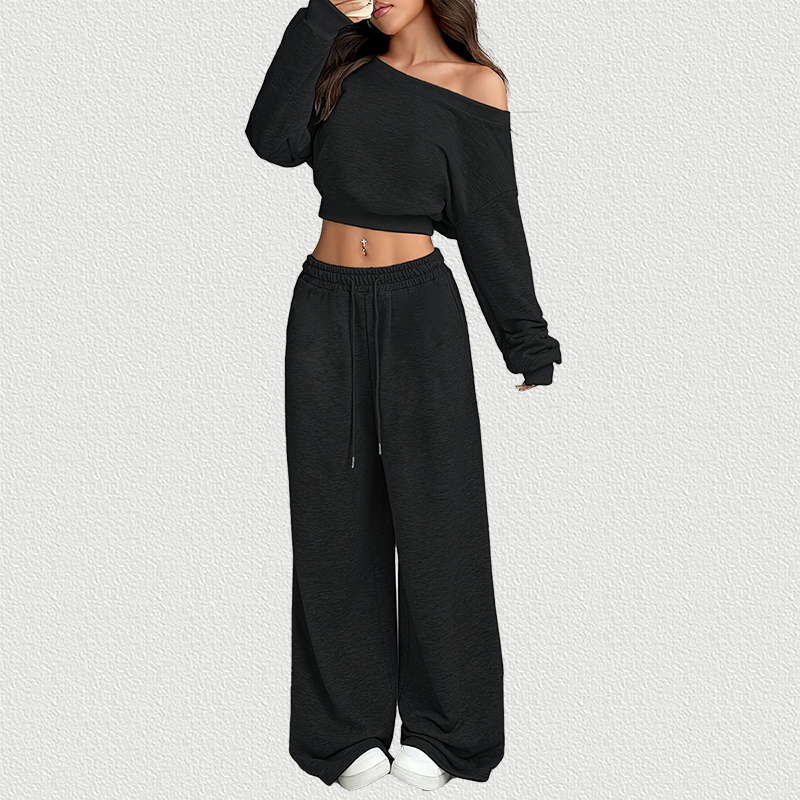 Off‑Shoulder Fleece Sweatshirt Set Black