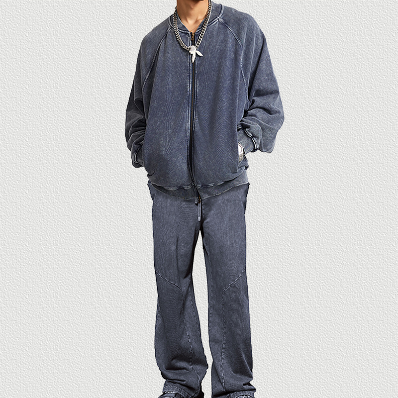 Vintage Washed Royal Blue Baseball Jacket Set, Tracksuit