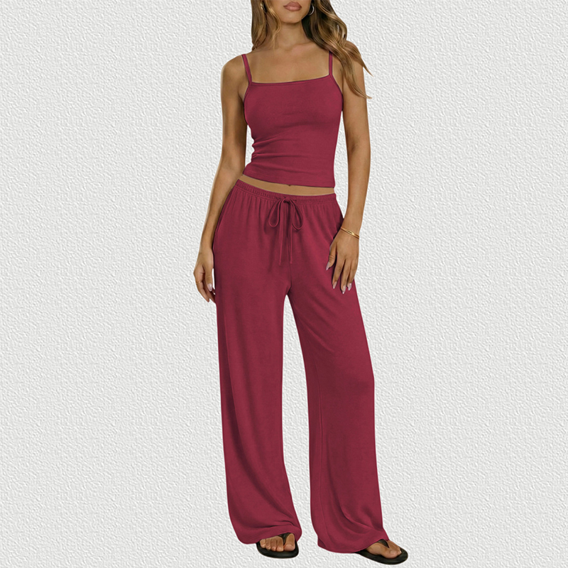Burgundy Cami Crop Top Wide Leg Pants Set