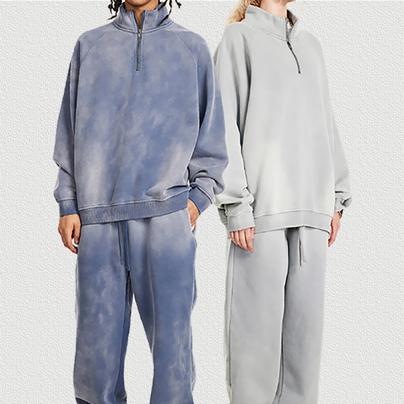 Blue & Light Gray Half-Zip Sweatshirt Set on Models
