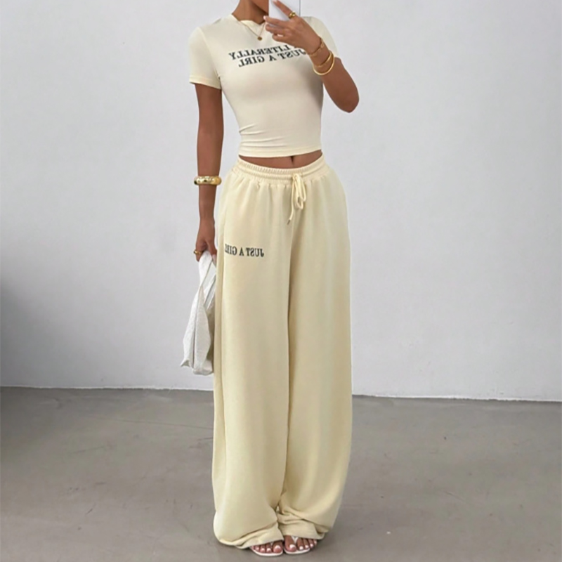 Beige Crop Top & Wide Leg Pants Set Front View