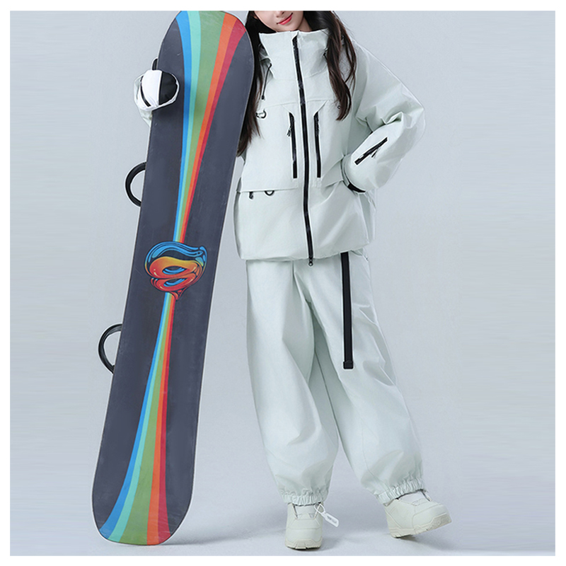 White Couple Ski Suit With Snowboard
