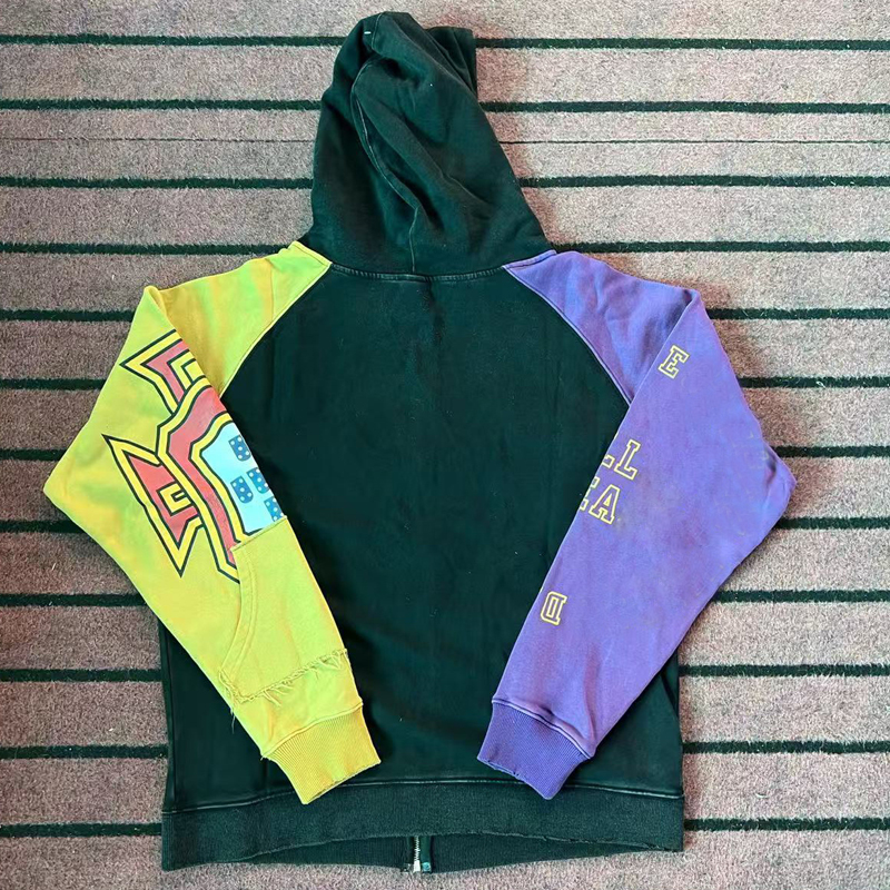 Green Body Contrast Yellow Purple Sleeve Zip Hoodie